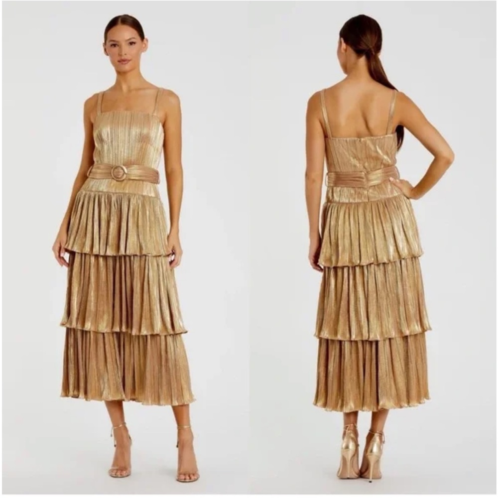 New Mac Duggal 27062 Tea-Length Metallic Gold Party Dress NWT Size 10